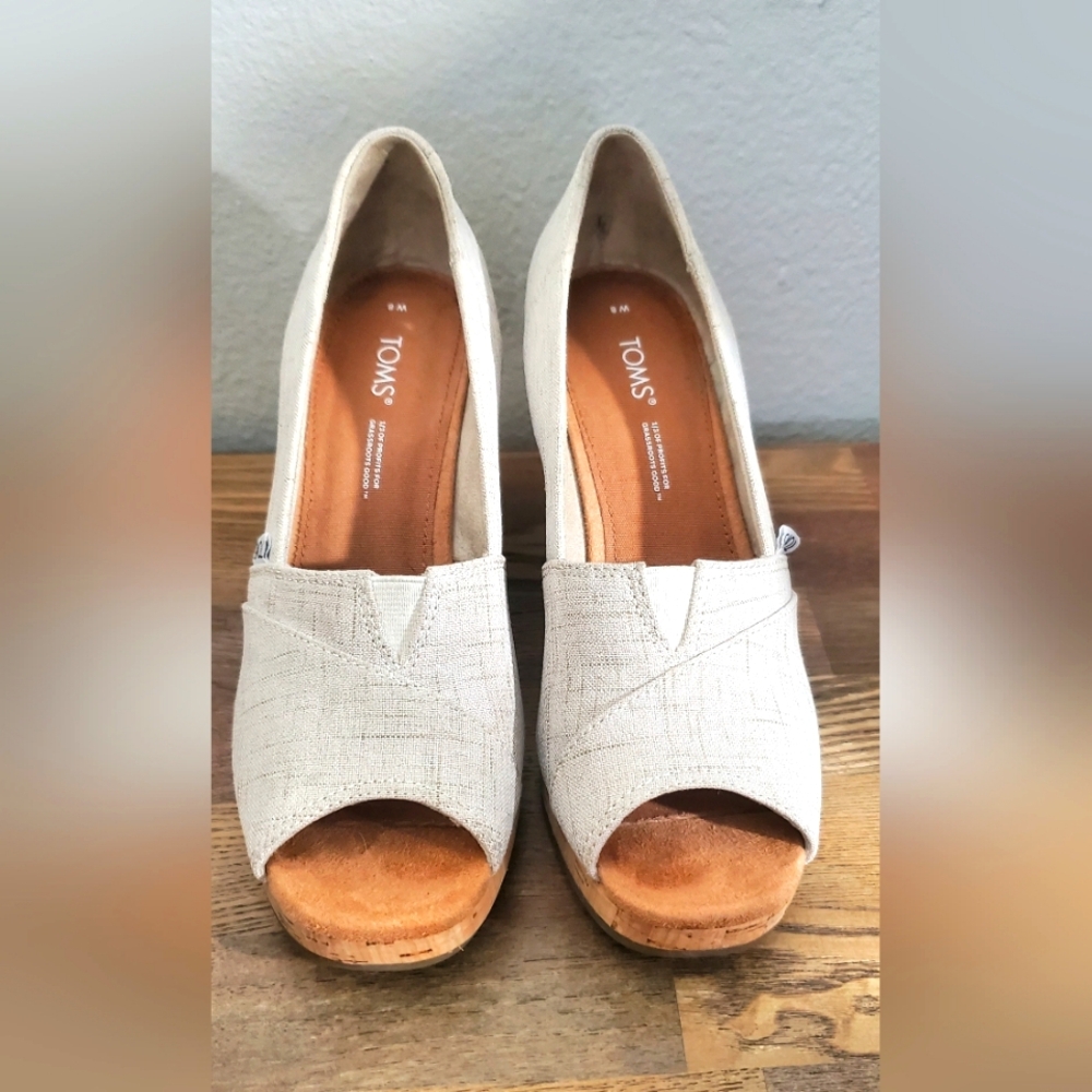 TOMS Classic Espadrille Wedge Lightweight Natural Crosshatch Jacquard Beige Sand